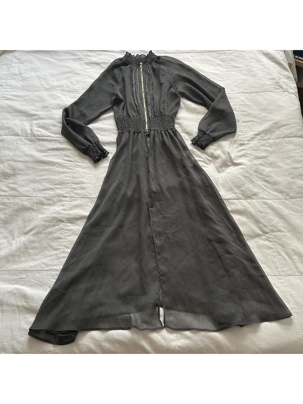 Axes Femme Charcoal Gray Sheer Chiffon Maxi Overlay Smocked Waist Lace M Japan